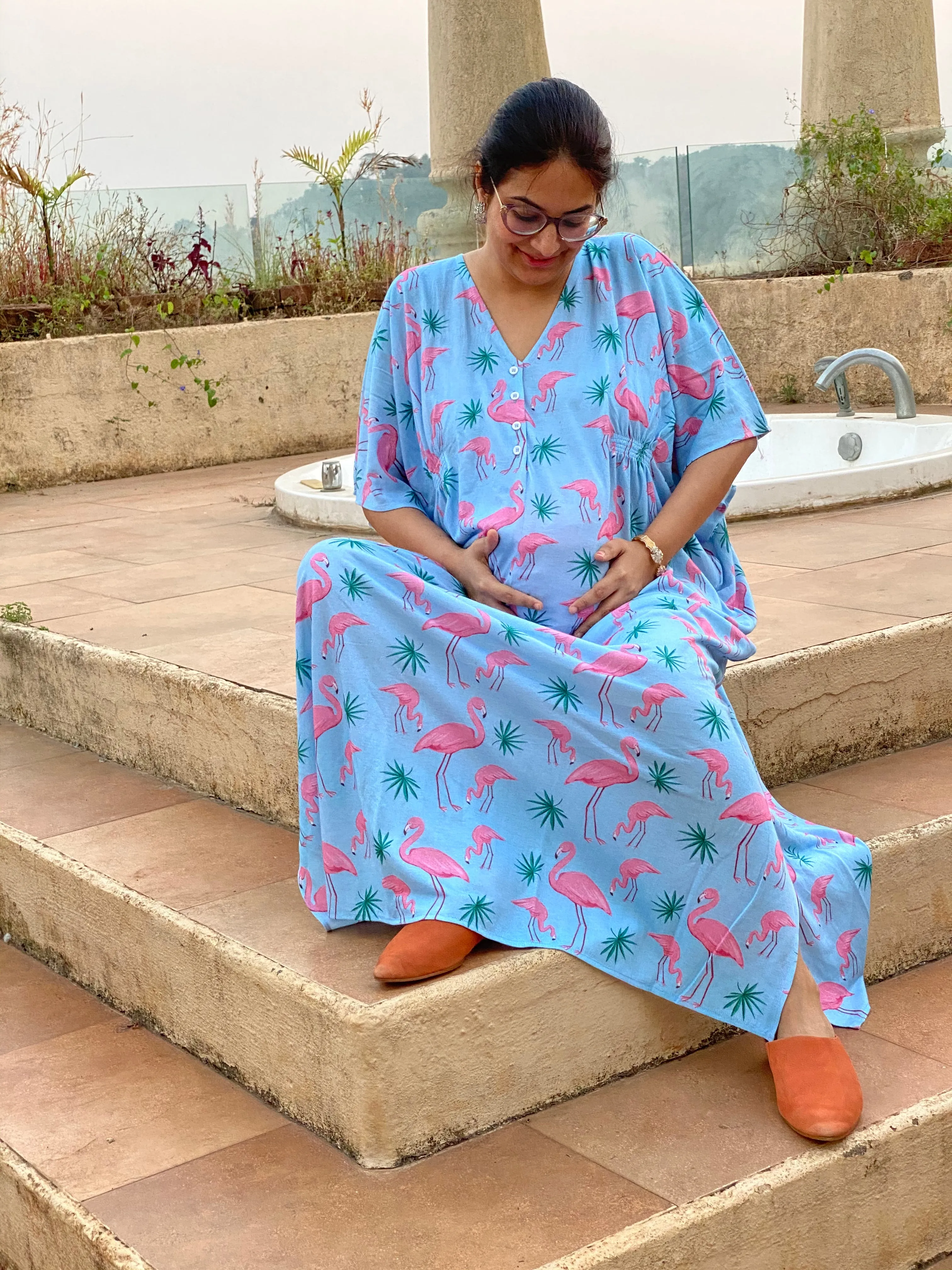 Flamingo Tales Maternity "Stunningly Simple" Style Caftan | Soft Jersey Knit Organic Cotton | Maternity House Dress