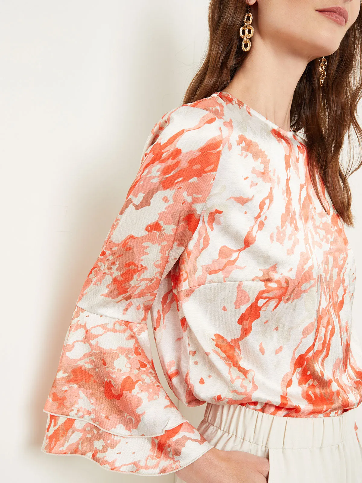 Flounce Sleeve Blouse - Jewel Neck Print Crepe de Chine