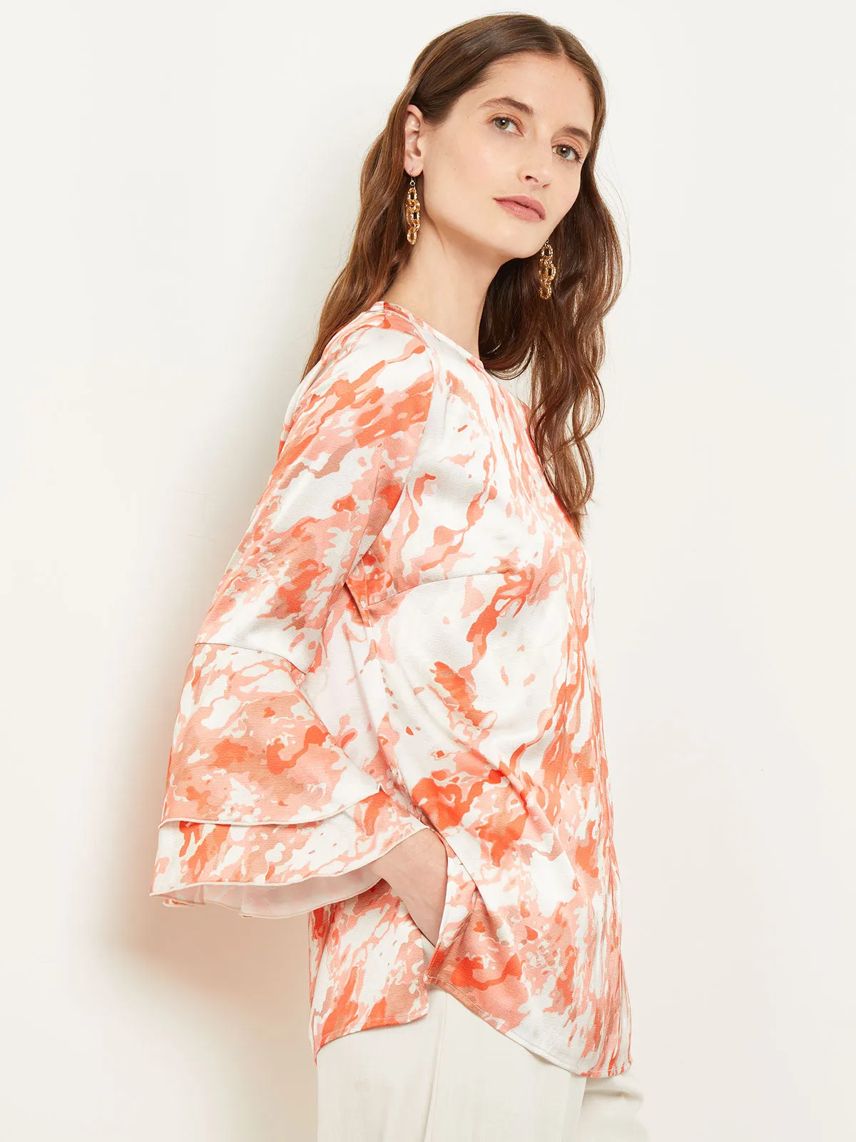 Flounce Sleeve Blouse - Jewel Neck Print Crepe de Chine