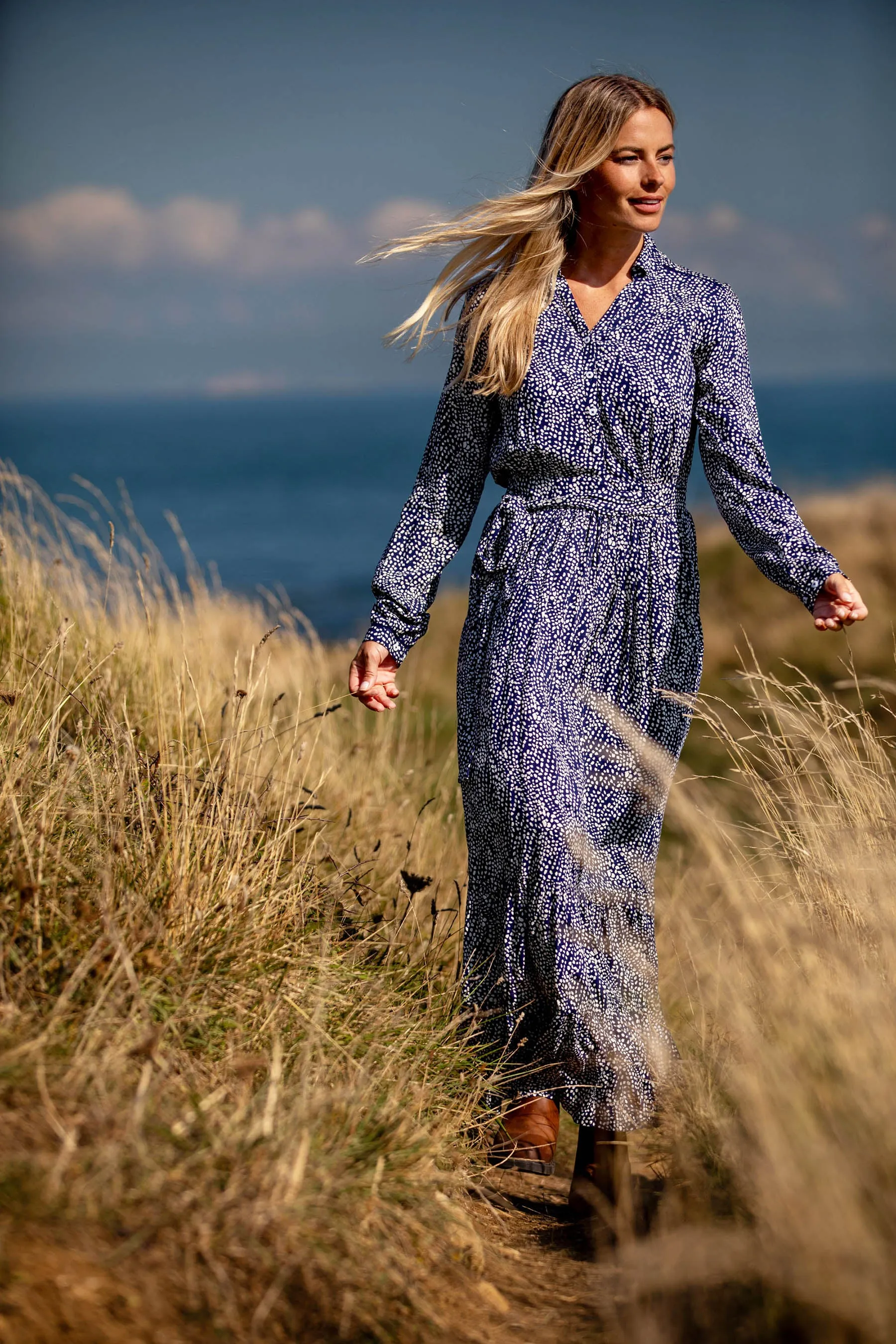 Flowing Spots Maxi Shirt Dress