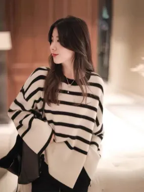 Flytonn-2021 new striped cashmere sweater woman autumn/winter knit sweater loose sweater coat warm long sleeve pullover woman