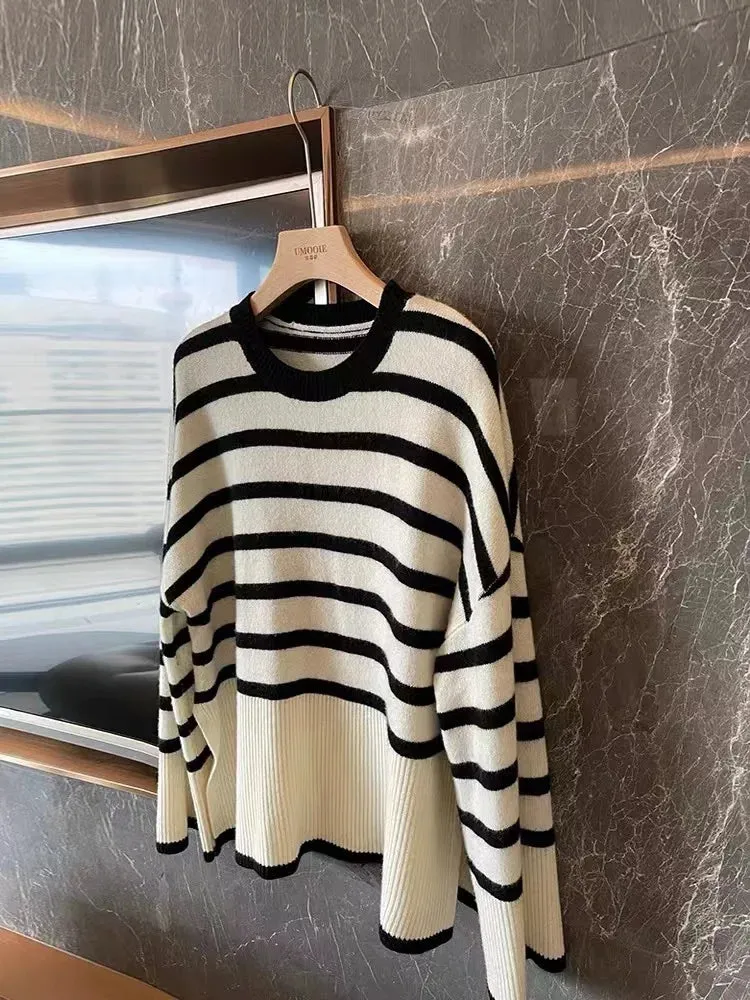 Flytonn-2021 new striped cashmere sweater woman autumn/winter knit sweater loose sweater coat warm long sleeve pullover woman