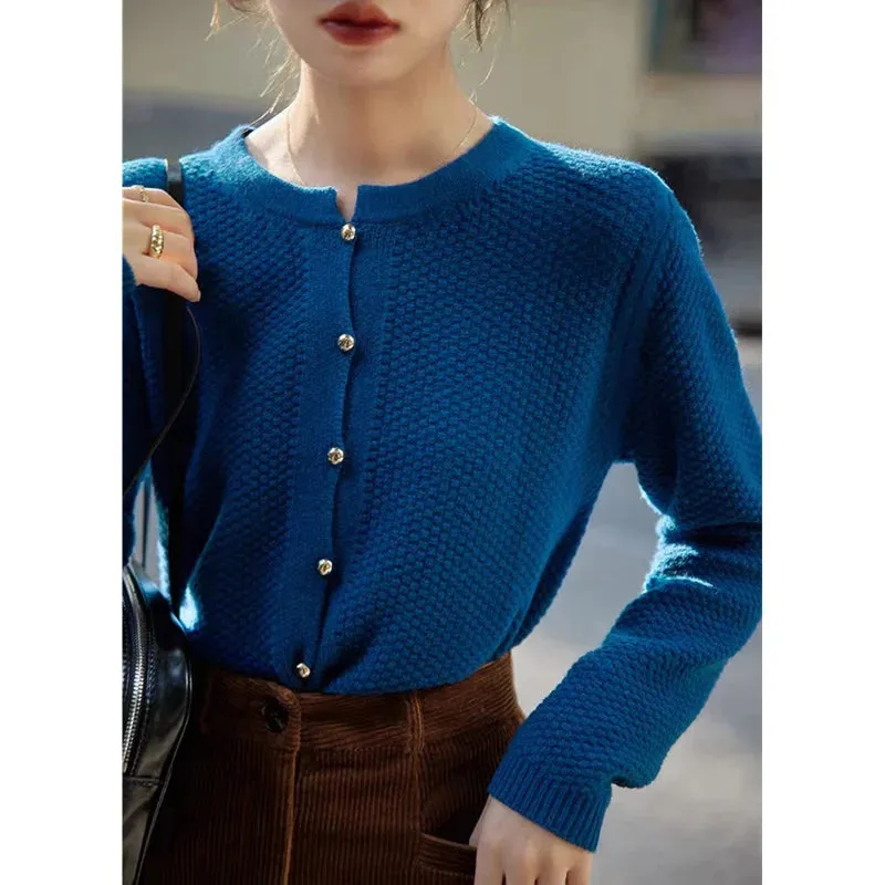 Flytonn-Retro knitted cashmere cardigan women autumn and winter round collar pullover bottom sweater jacket loose show thin wool coat