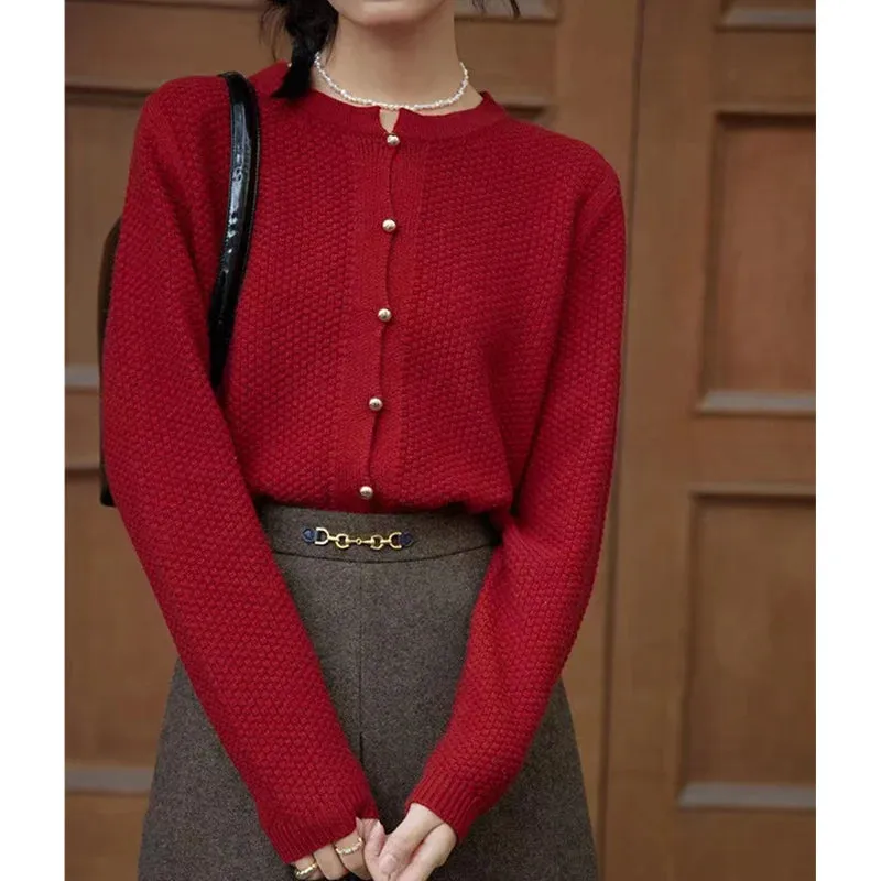 Flytonn-Retro knitted cashmere cardigan women autumn and winter round collar pullover bottom sweater jacket loose show thin wool coat