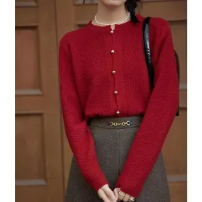 Flytonn-Retro knitted cashmere cardigan women autumn and winter round collar pullover bottom sweater jacket loose show thin wool coat