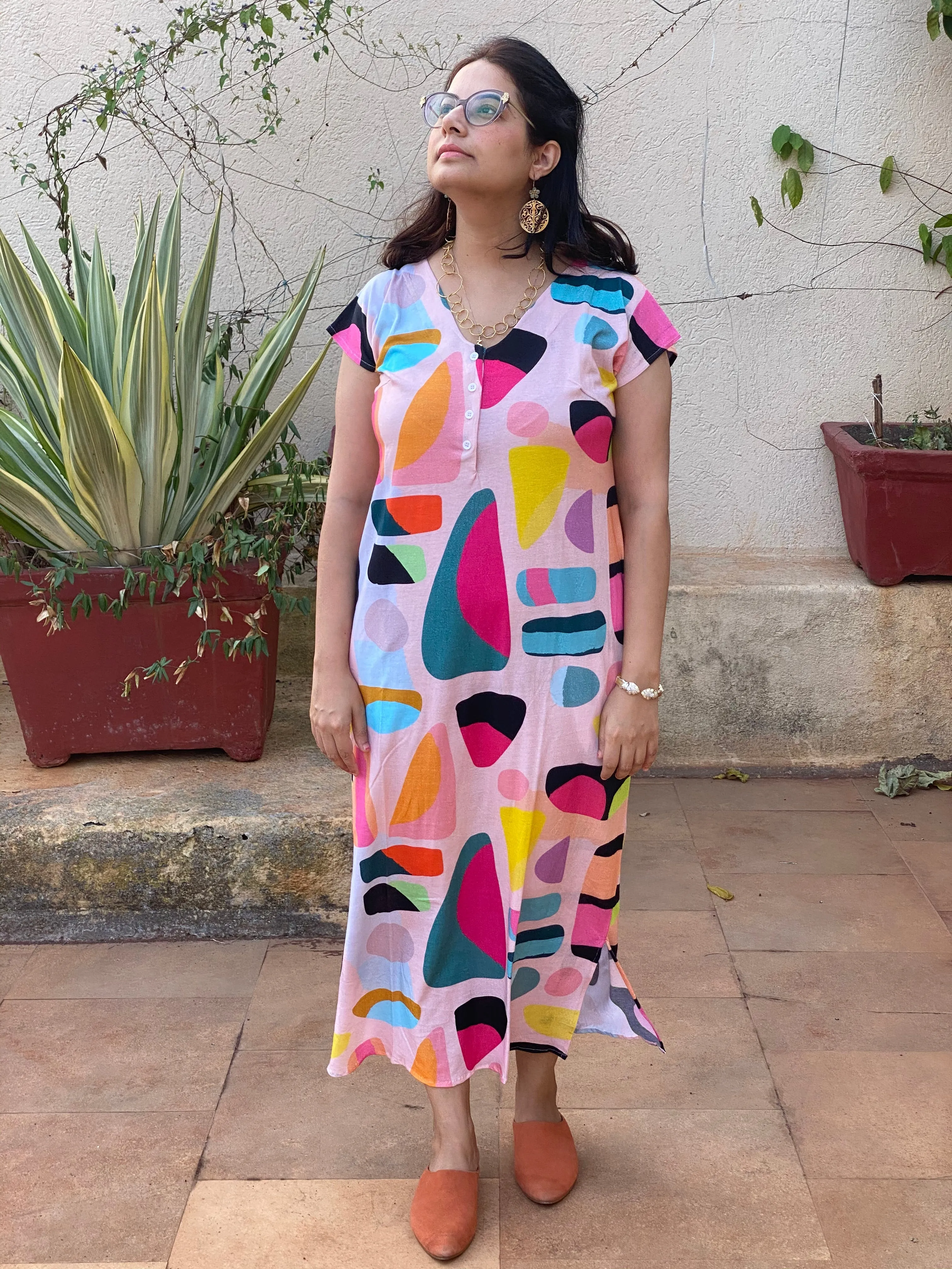 Forever Abstract "My Mojo" Lounge Dress | Soft Jersey Knit Organic Cotton | Oversized House Dress