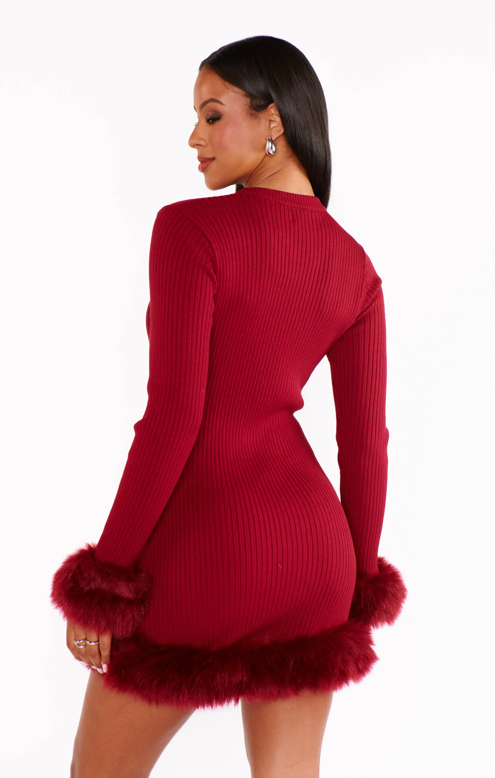 Fran Mini Dress ~ Cranberry Rib with Faux Fur