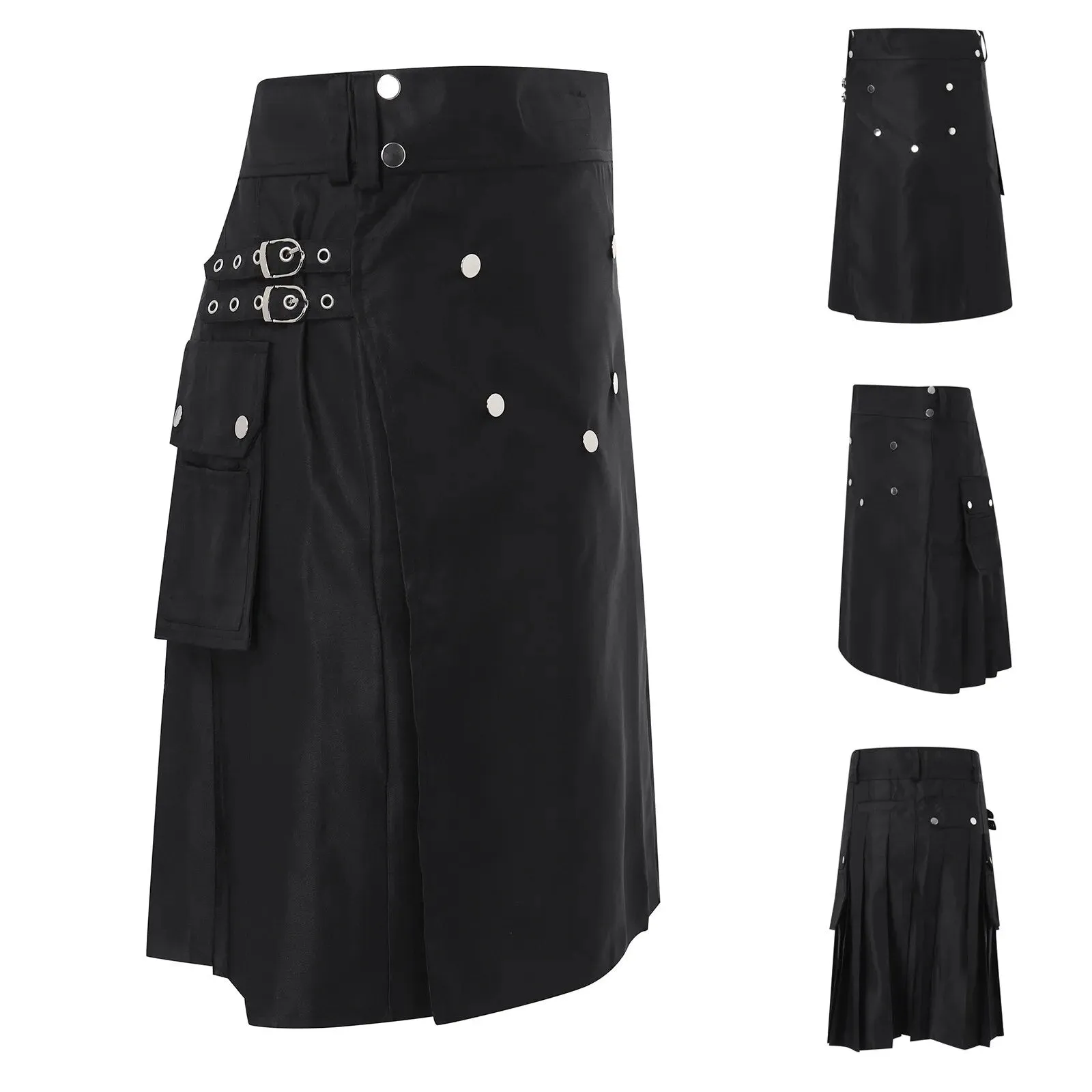 Funki Buys | Skirts | Men's Black Pleated Gothic Kilt | Cargo Skirt