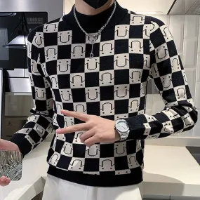 Geometric Pattern Mock Neck Sweater