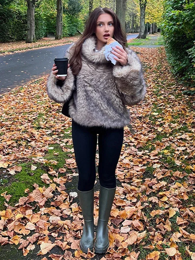 Girlary Fashion Faux Fur Women Coat Thicken Turtleneck Full Sleeve Female Pullover 2024 Autumn Winter Warm Vintage Fluffy Top Lady Top