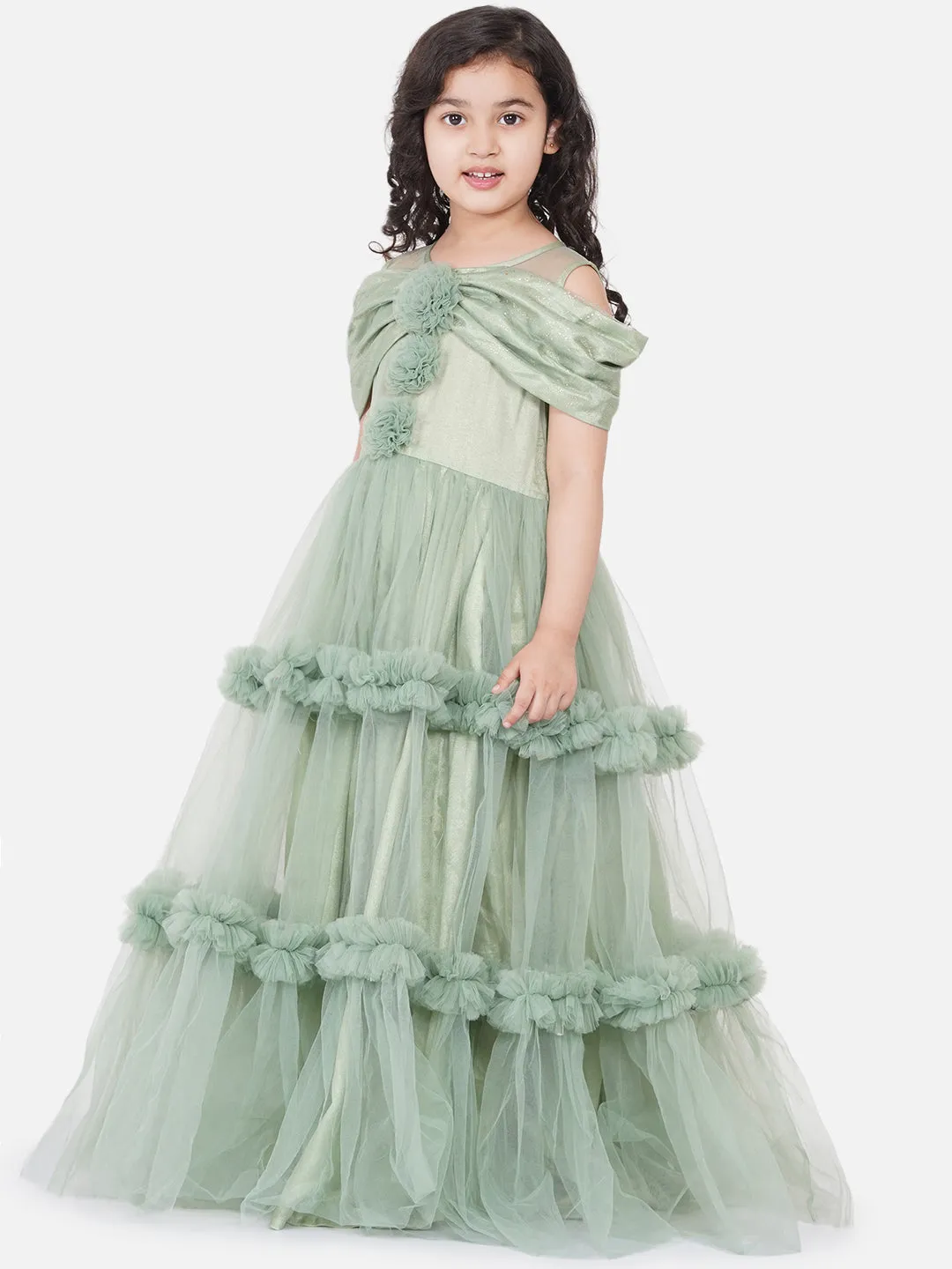 Girl's Green Embellished Net Fit & Flare Dress - Bitiya By Bhama