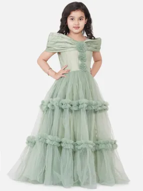 Girl's Green Embellished Net Fit & Flare Dress - Bitiya By Bhama