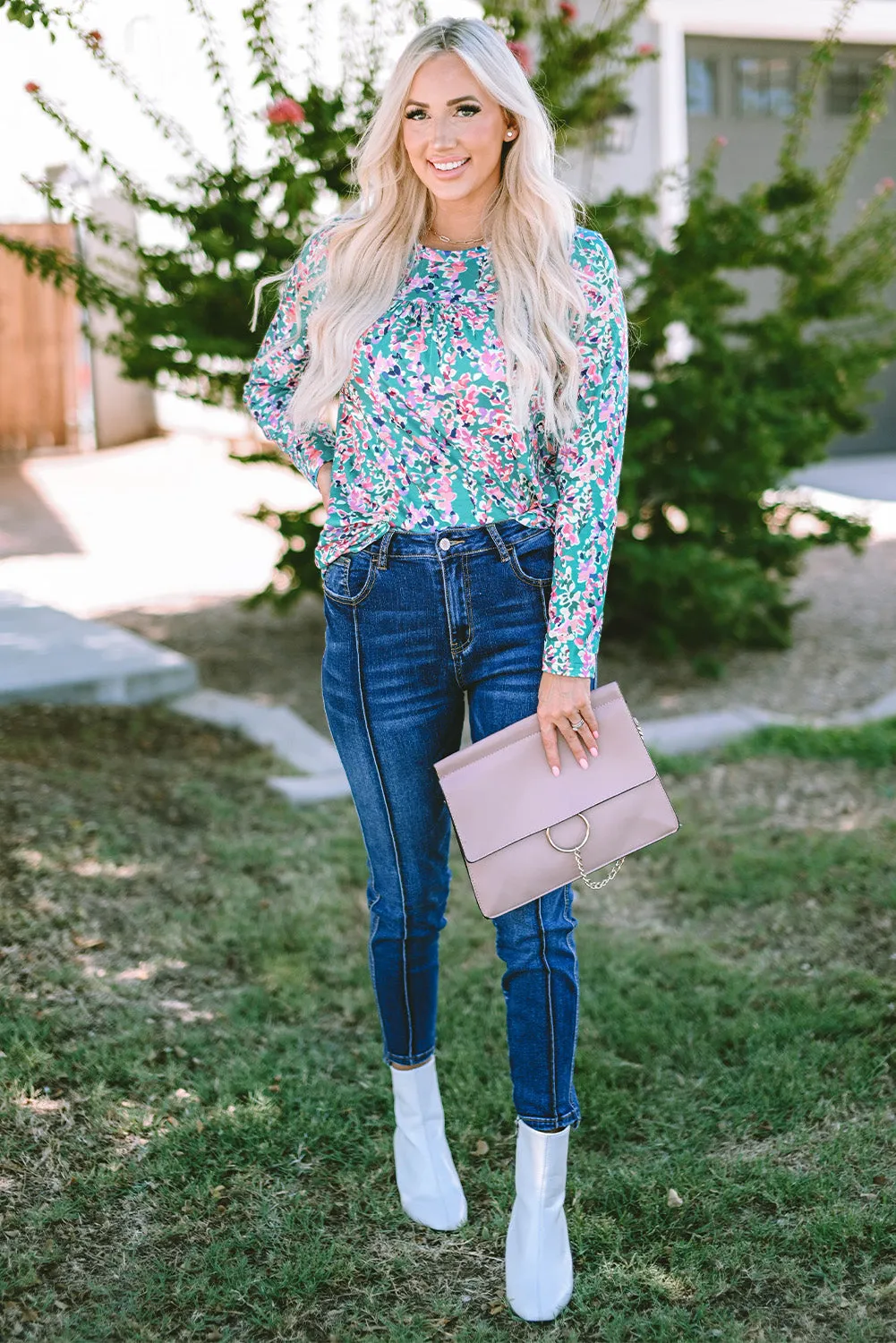 Green Floral Pleated Round Neck Long Sleeve Blouse