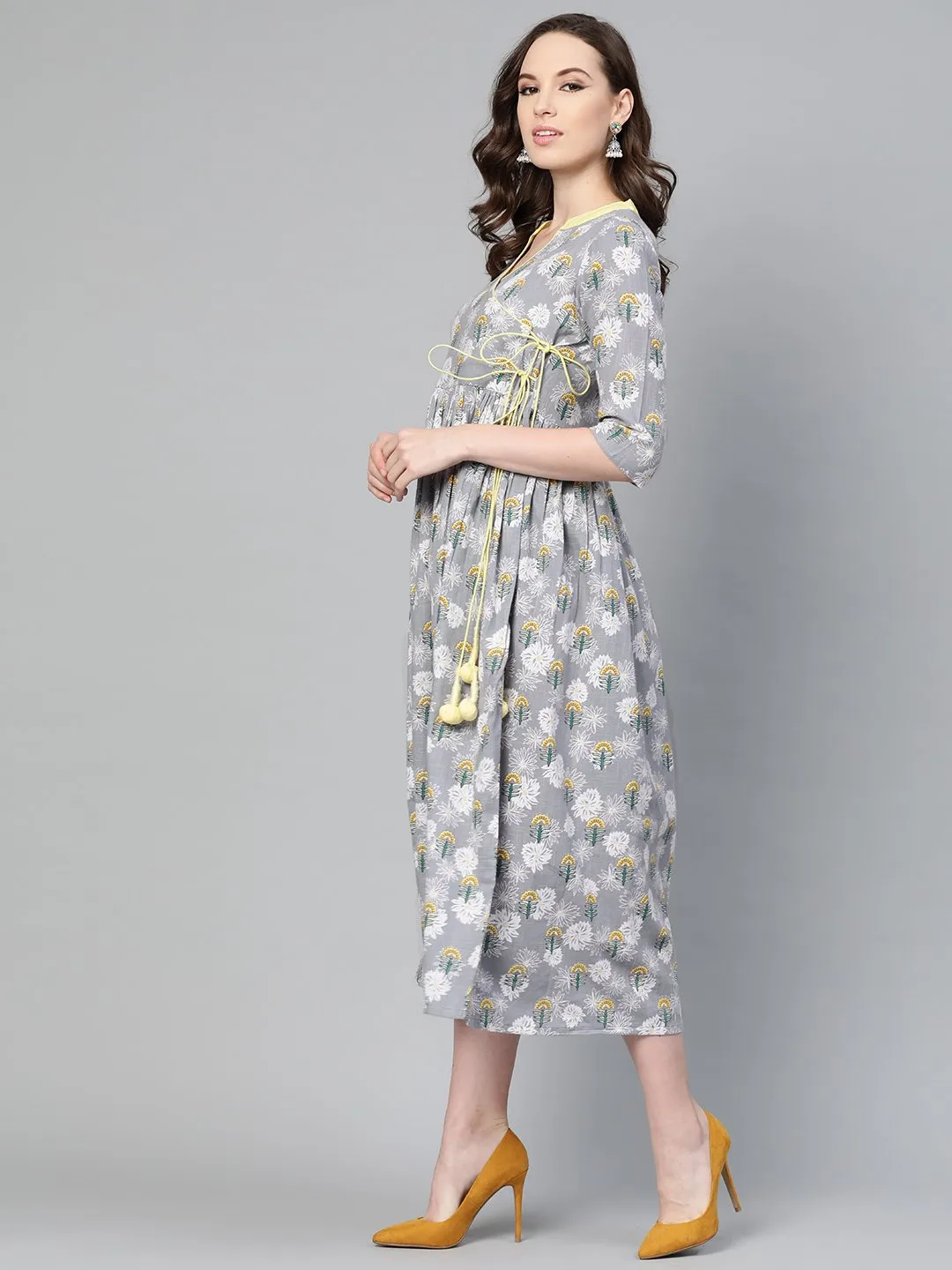 Grey Floral Printed Multi Colored Maxi Dress With Mandarin Collar & 3/4 Sleeves