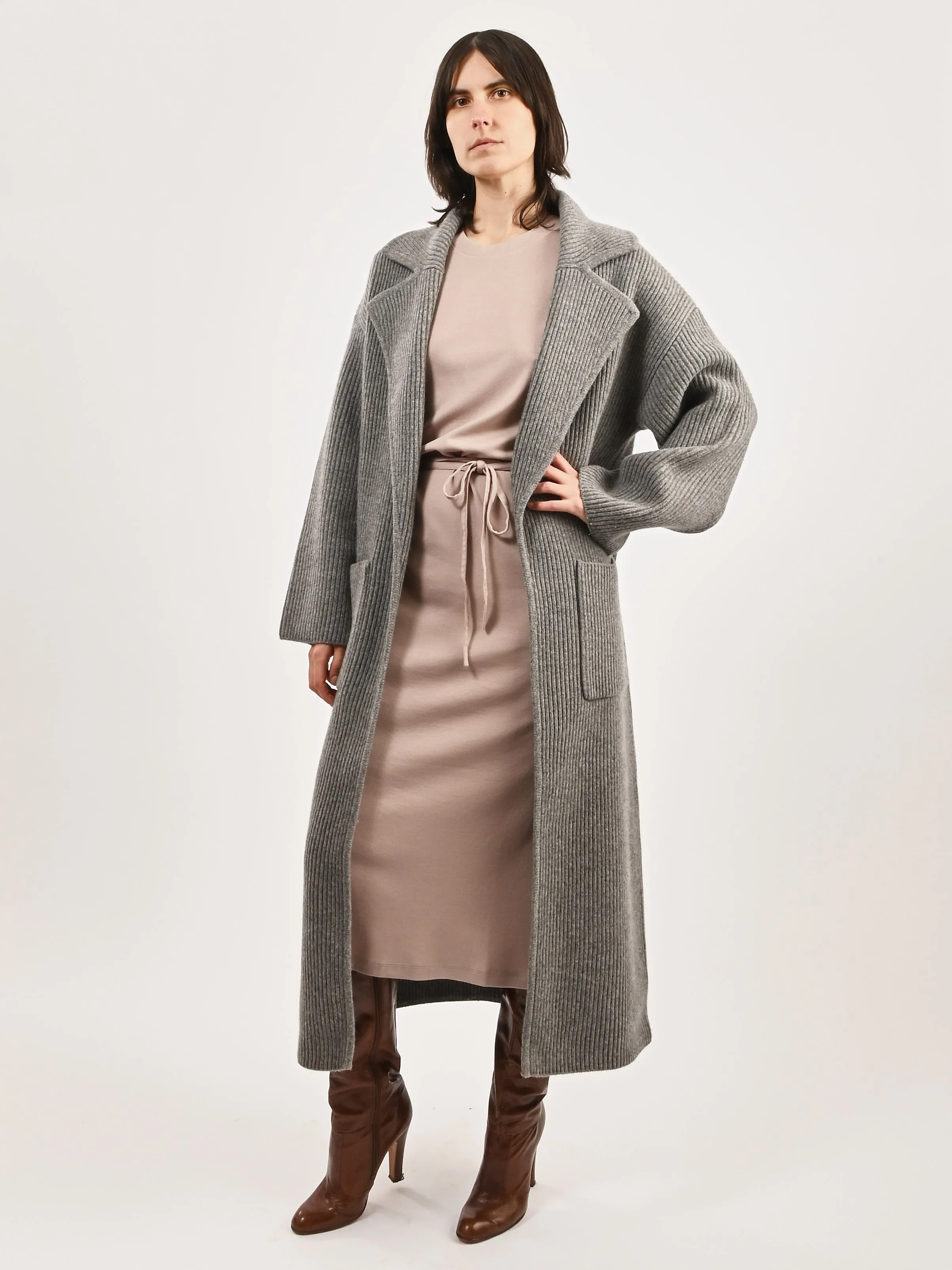 Grey Melange Rib-Knit Cardi Coat