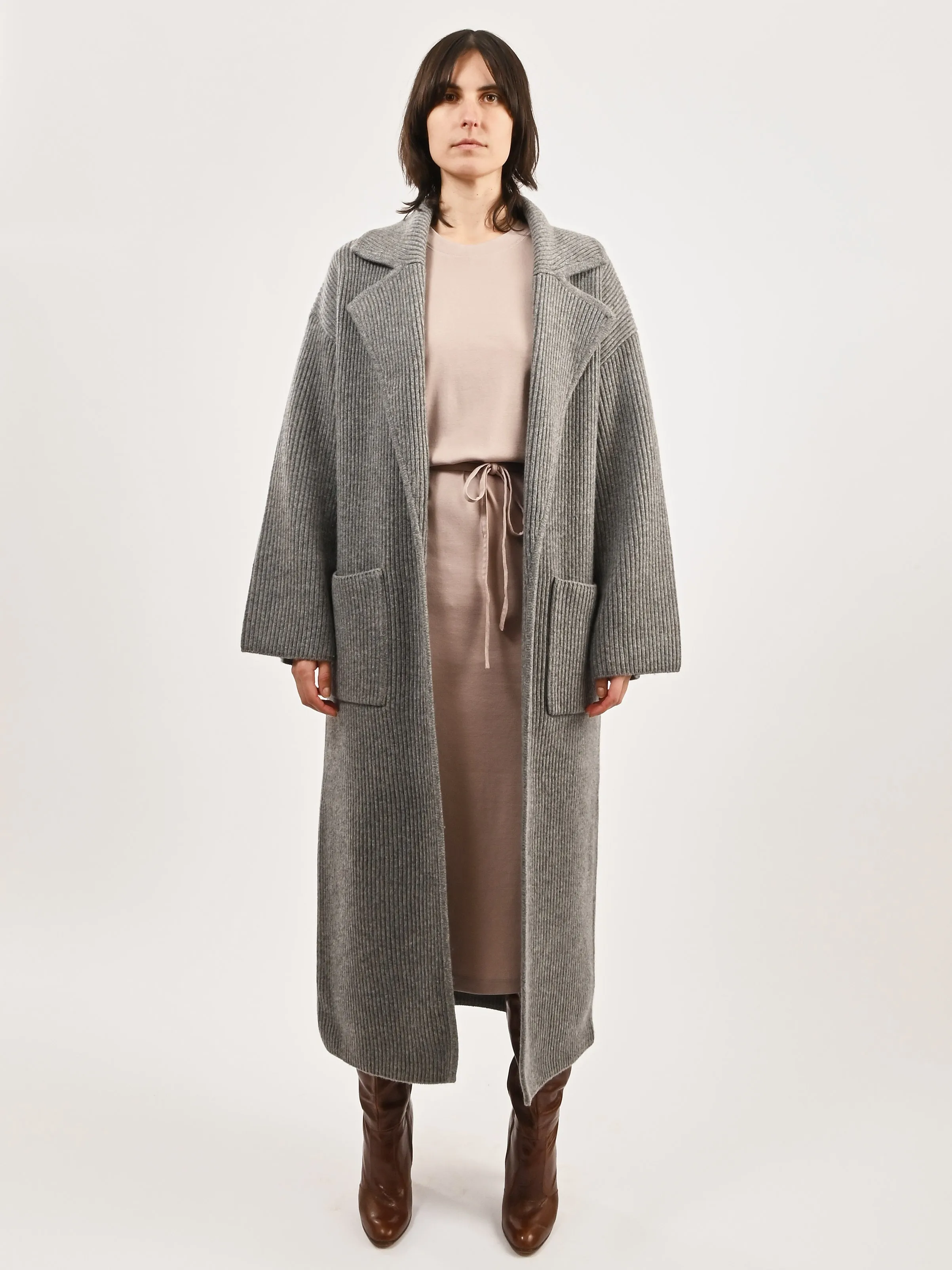 Grey Melange Rib-Knit Cardi Coat