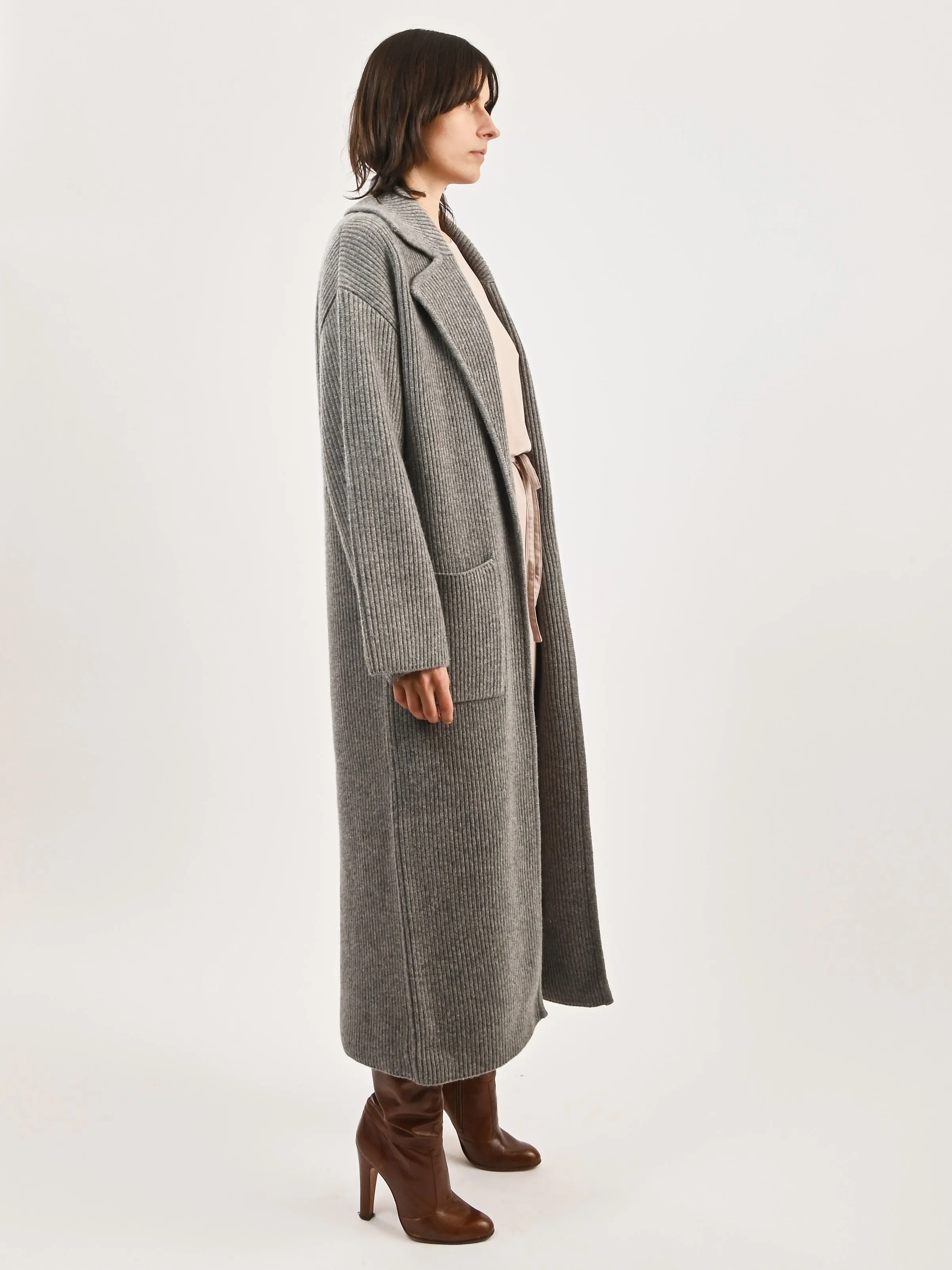 Grey Melange Rib-Knit Cardi Coat