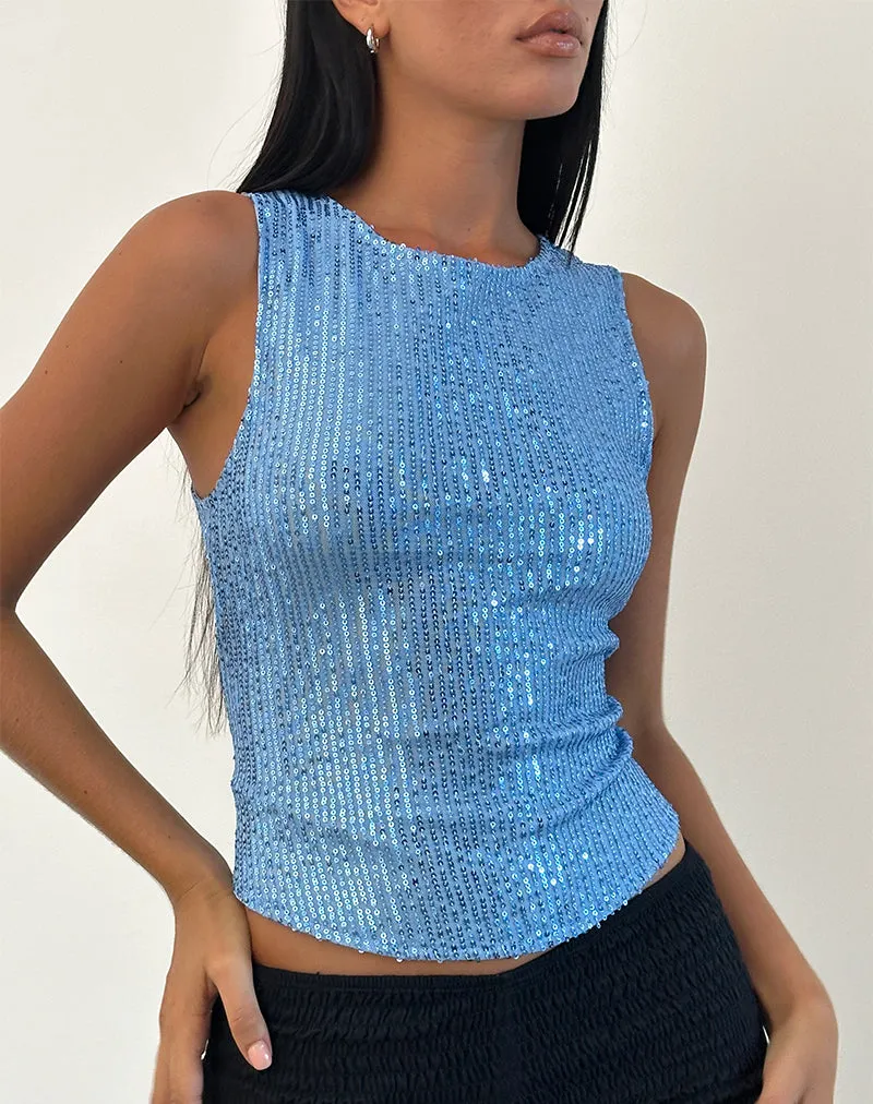 Hala Top in Drape Mini Sequin Light Blue