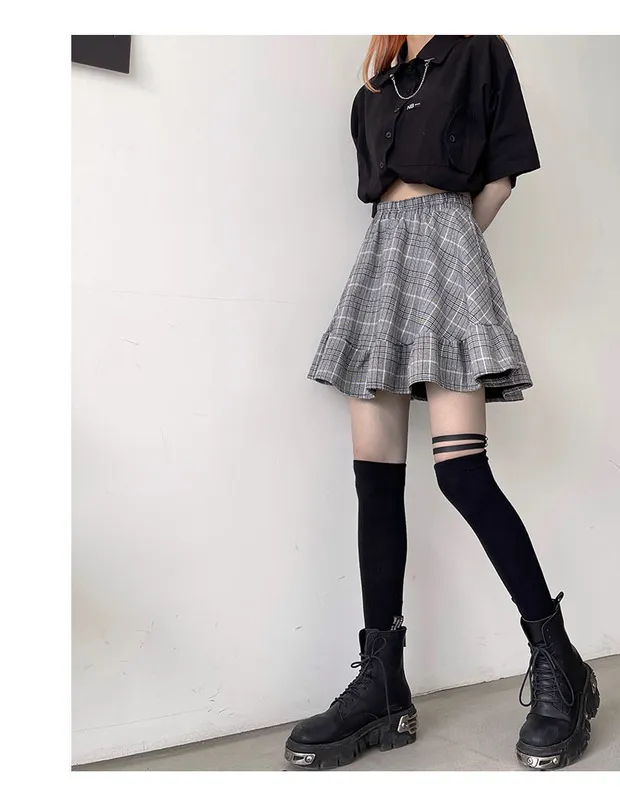 Harajuku Dark Gothic High Waist Plaid A-line Pleated Skirt Splicing Cargo dress