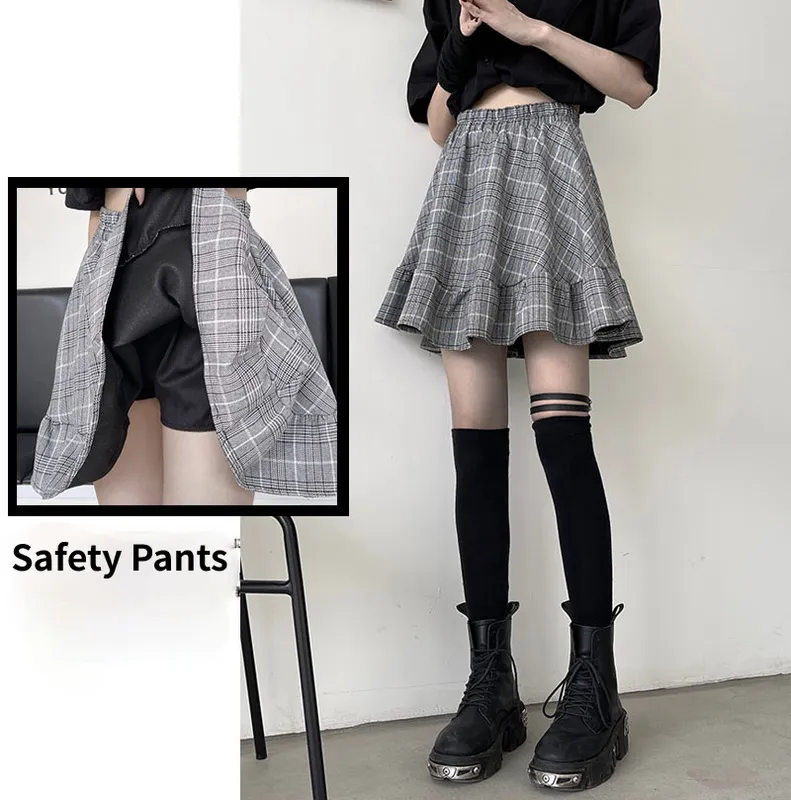 Harajuku Dark Gothic High Waist Plaid A-line Pleated Skirt Splicing Cargo dress