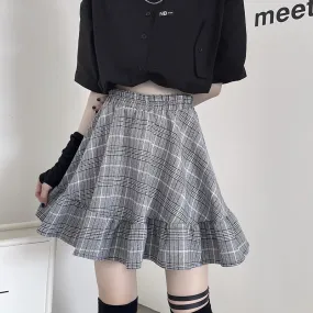 Harajuku Dark Gothic High Waist Plaid A-line Pleated Skirt Splicing Cargo dress