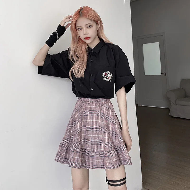 Harajuku Dark Gothic High Waist Plaid A-line Pleated Skirt Splicing Cargo dress