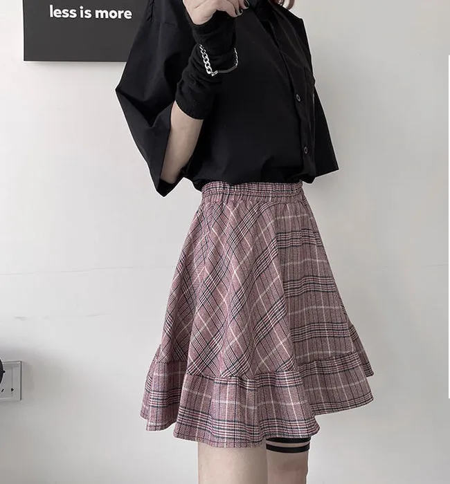 Harajuku Dark Gothic High Waist Plaid A-line Pleated Skirt Splicing Cargo dress