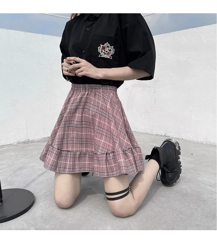 Harajuku Dark Gothic High Waist Plaid A-line Pleated Skirt Splicing Cargo dress