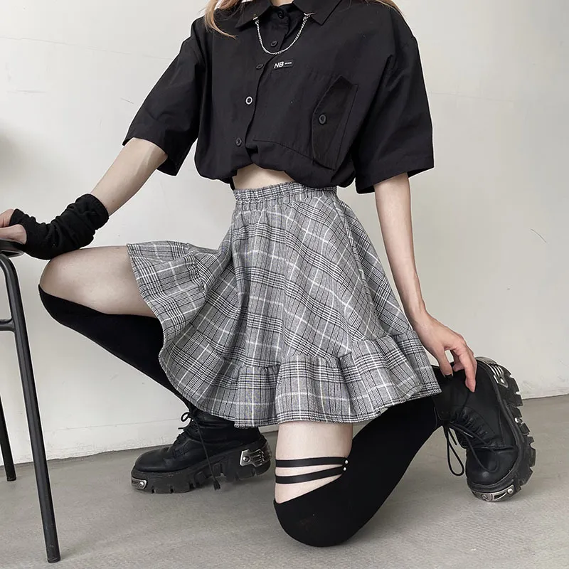 Harajuku Dark Gothic High Waist Plaid A-line Pleated Skirt Splicing Cargo dress