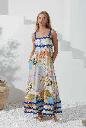 Hawaii Blue Tropical Ric Rac Maxi Dress