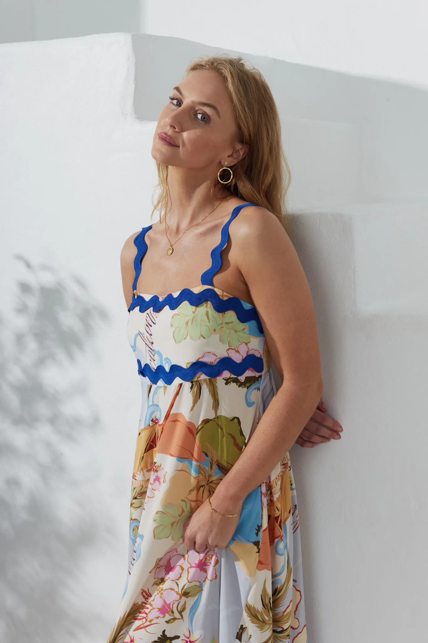 Hawaii Blue Tropical Ric Rac Maxi Dress