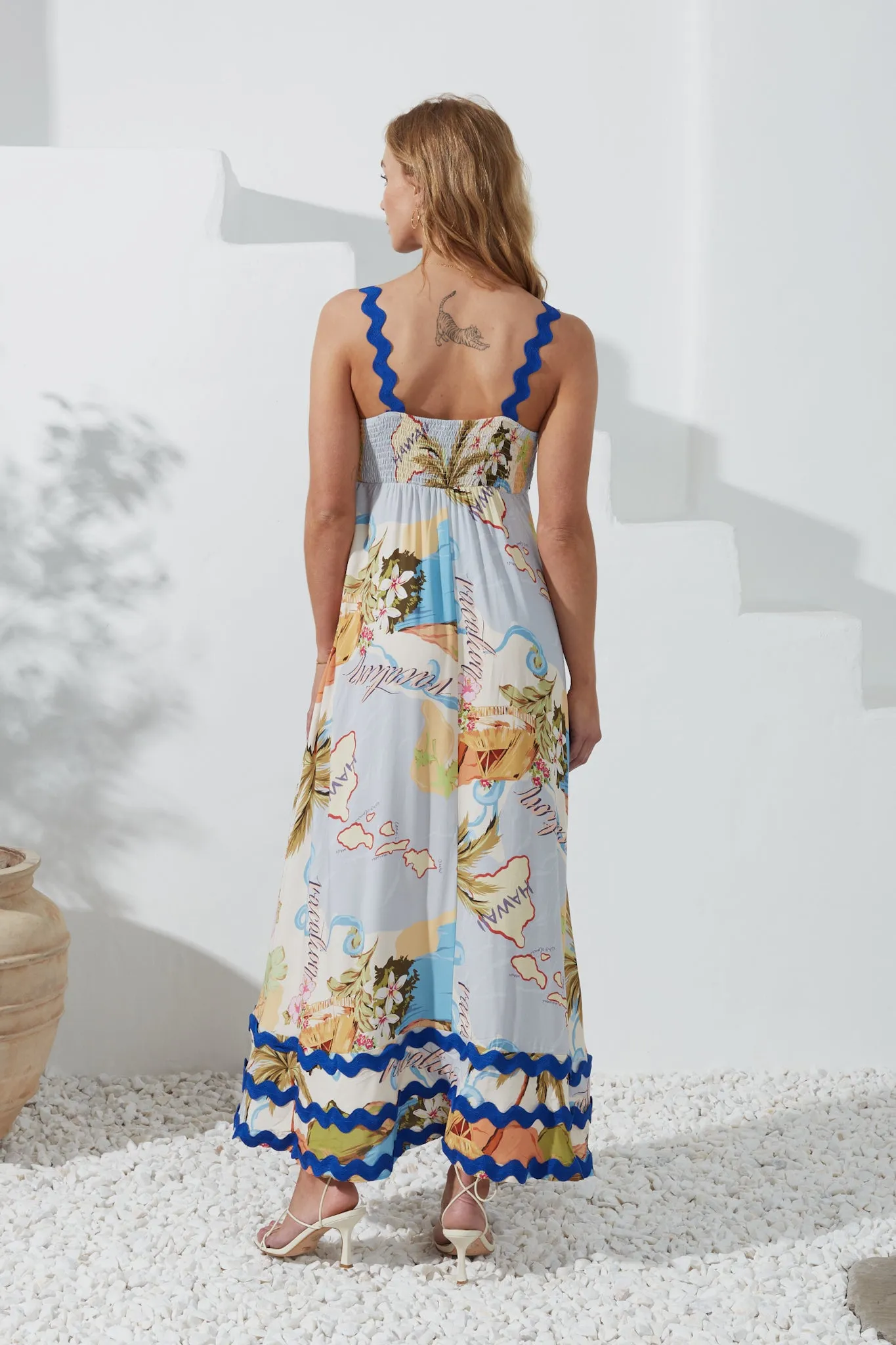 Hawaii Blue Tropical Ric Rac Maxi Dress