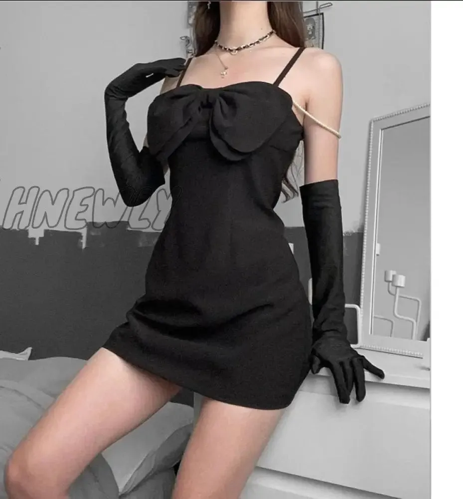 Hnewly Black Bow Sling Dresses With Gloves Women Elegant Evening Party Dress Goth Bodycon Backless Mini Dress Clubwear Outfits Christmas Party Outfits