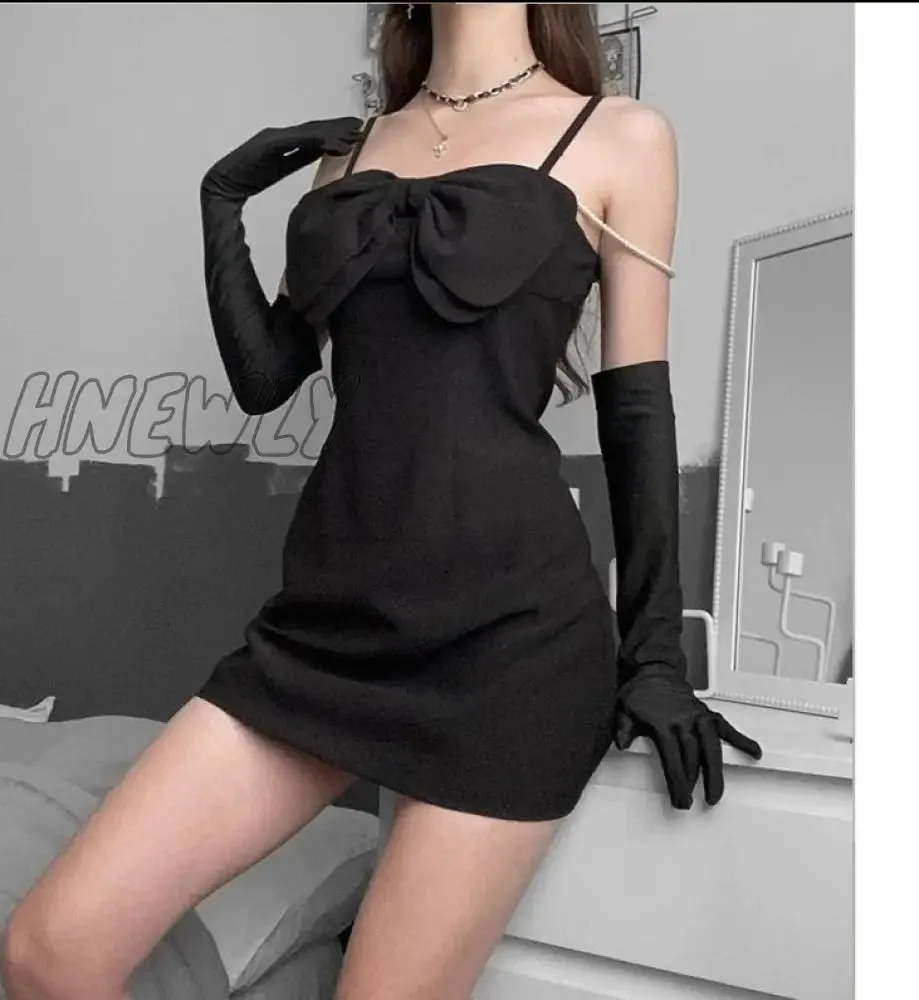 Hnewly Black Bow Sling Dresses With Gloves Women Elegant Evening Party Dress Goth Bodycon Backless Mini Dress Clubwear Outfits Christmas Party Outfits