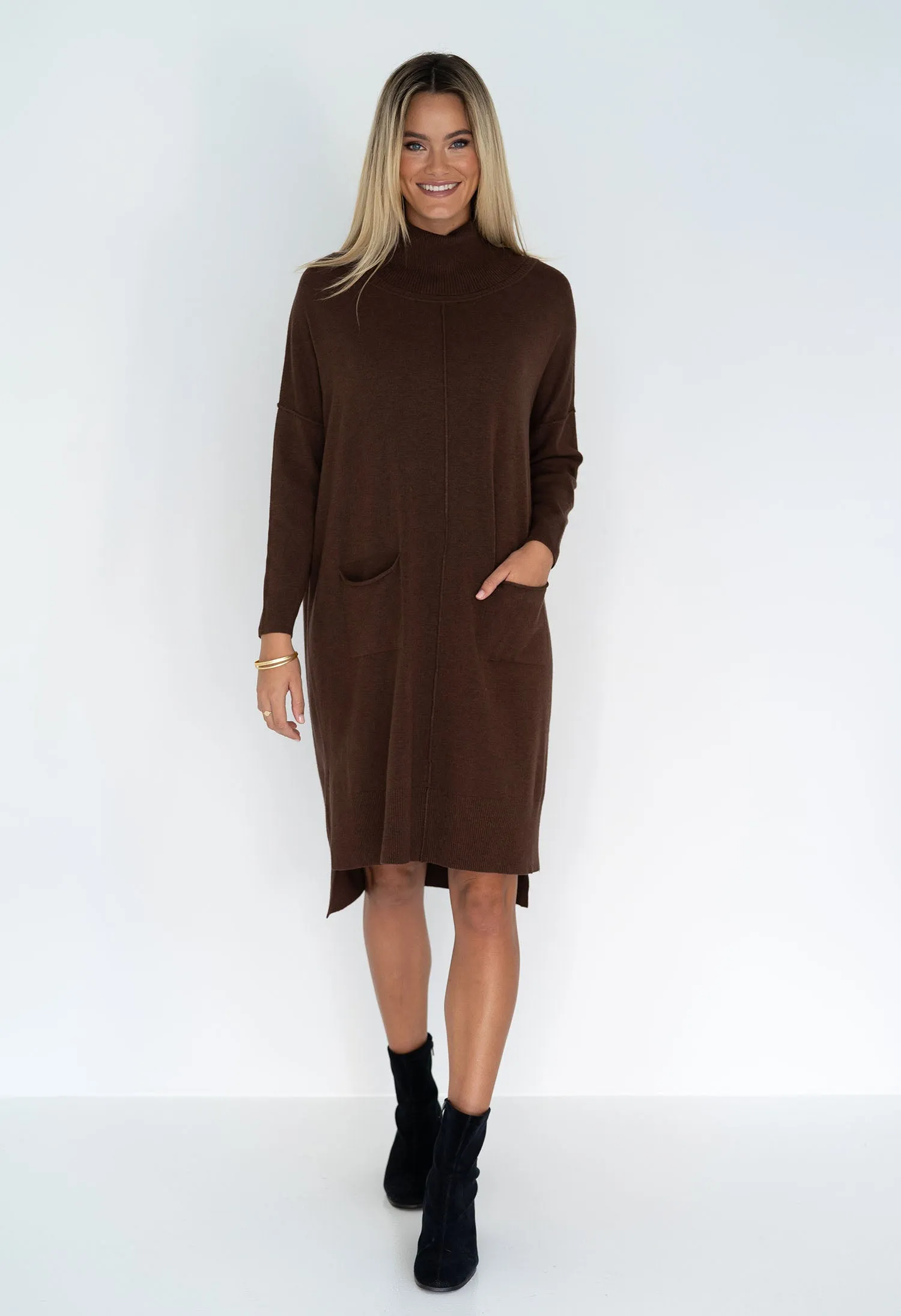 Humidity - Myra Knitted Long Sleeve Winter Dress in Chocolate and Black.