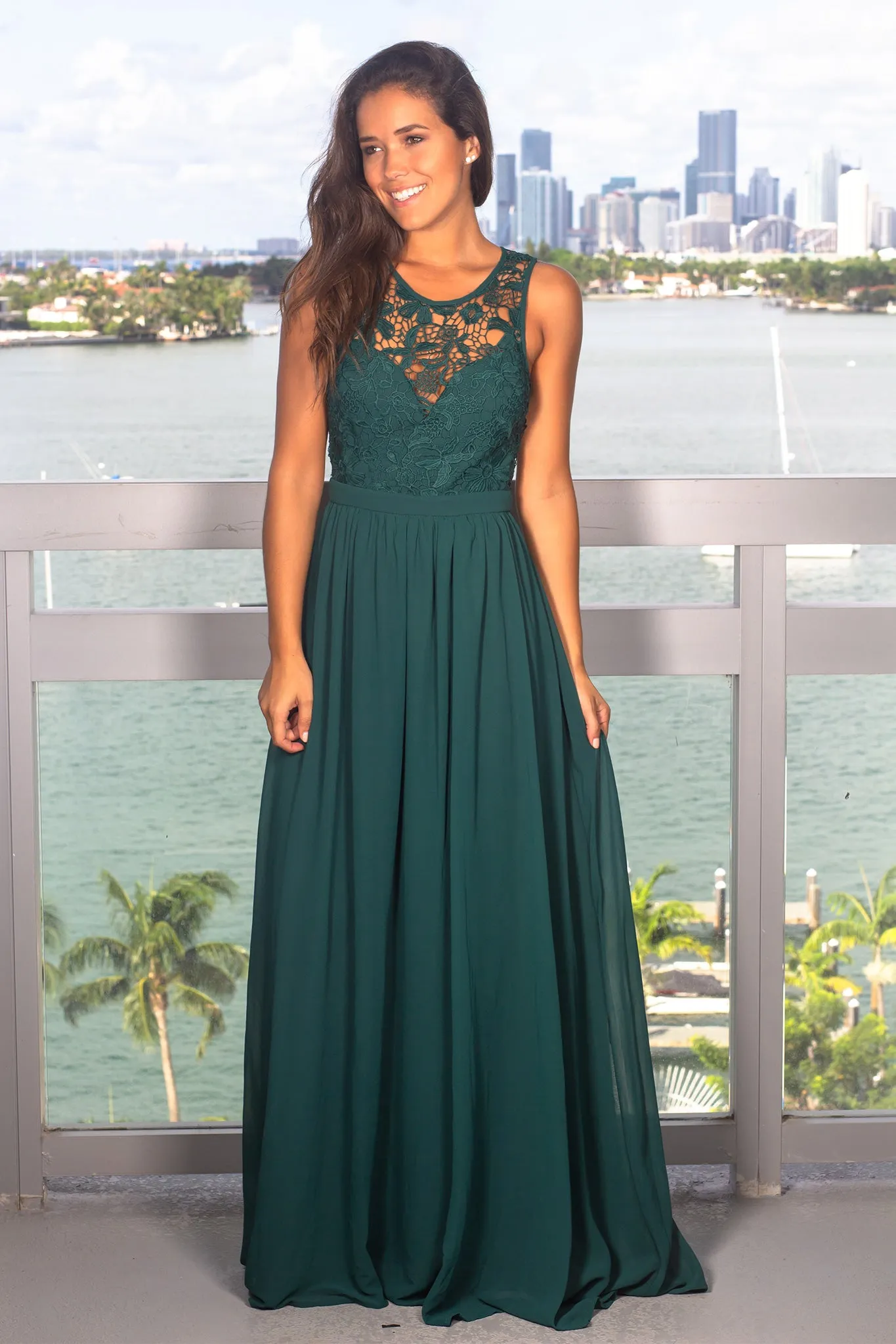 Hunter Green Crochet Maxi Dress with Open Back