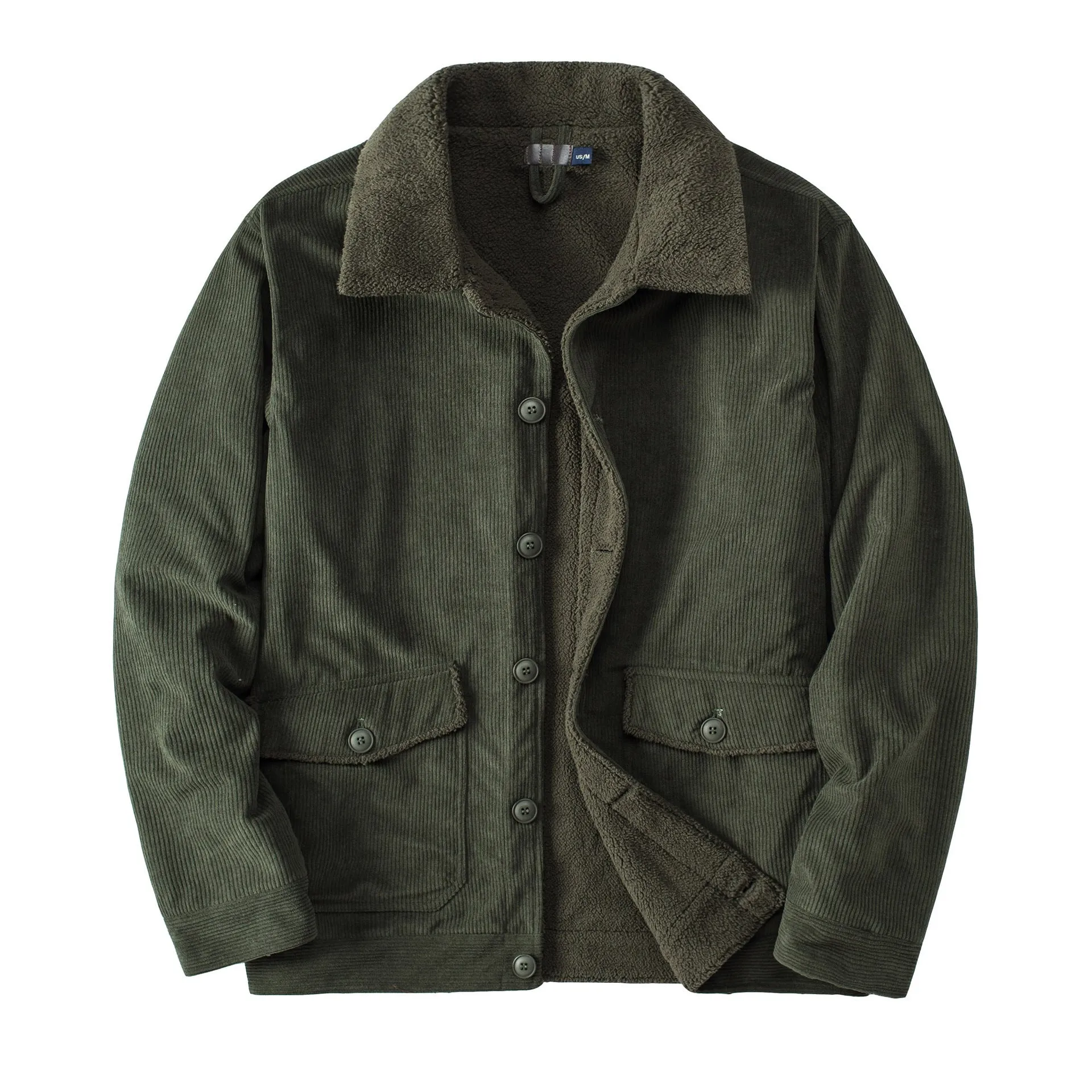 Ilooove - Men's Army Green Corduroy Jacket  Thickened Polyester Sherpa Turndown Collar Jacket Coat