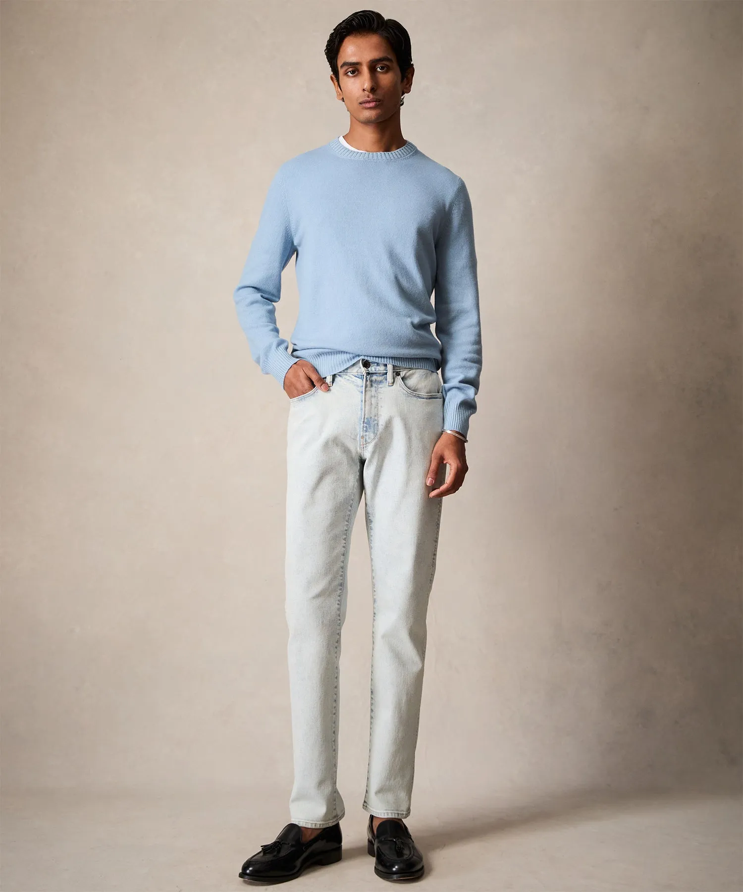 Italian Garment Dyed Wool Cashmere Crewneck Sweater in Light Blue