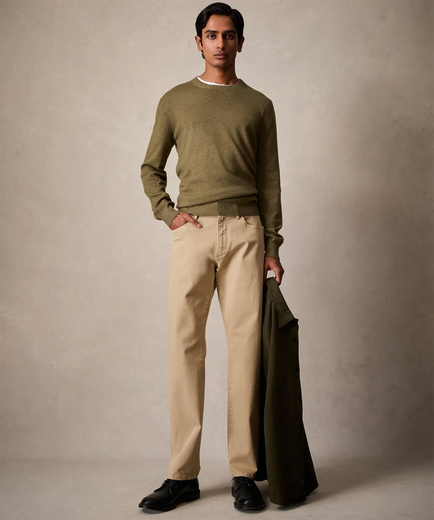 Italian Garment Dyed Wool Cashmere Crewneck Sweater in Olive