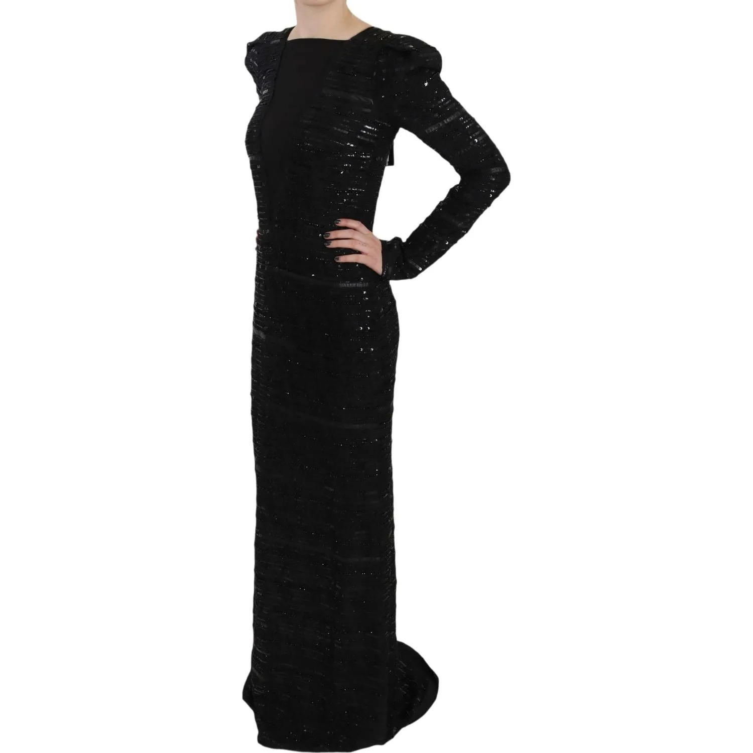 John Richmond Black Silk Sheath Maxi Dress with Sequins