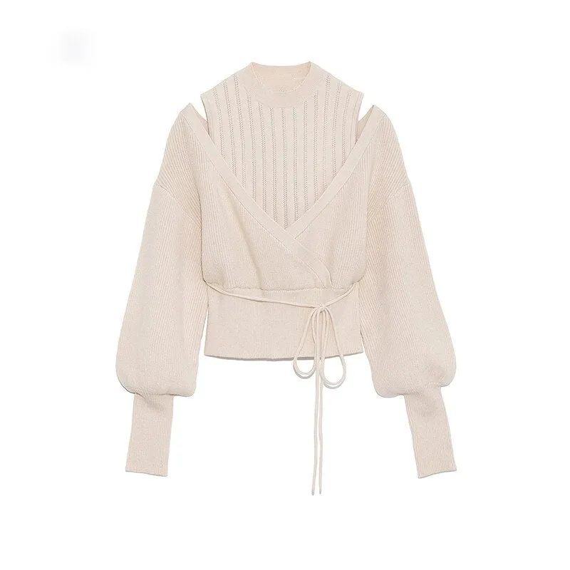 Joskaa Christmas Gift Kuzuwata Solid Color Sexy Shoulder Strapless Women Sweaters Sweet Loose Drawstring Knitted Coat Spring Autumn New Pullovers