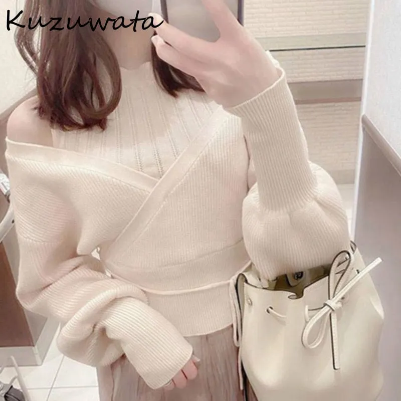 Joskaa Christmas Gift Kuzuwata Solid Color Sexy Shoulder Strapless Women Sweaters Sweet Loose Drawstring Knitted Coat Spring Autumn New Pullovers