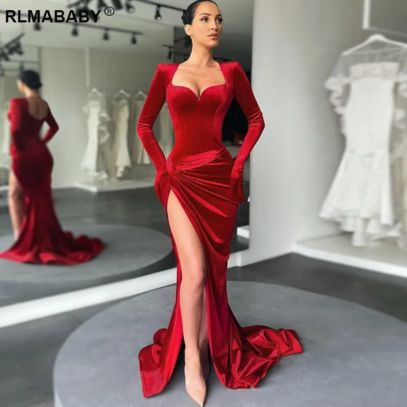 Joskaa Christmas Gift Sexy Elegant Autumn Winter Evening Party Floor-Length Bodycon Dress With Gloves Low Neck High Split Fold Women Club Velvet Dress