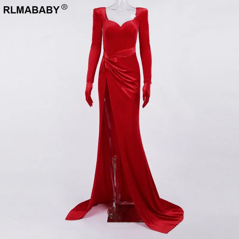 Joskaa Christmas Gift Sexy Elegant Autumn Winter Evening Party Floor-Length Bodycon Dress With Gloves Low Neck High Split Fold Women Club Velvet Dress