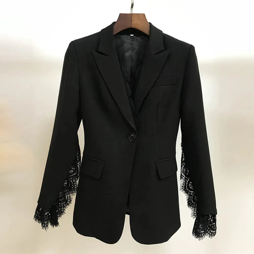 Lace Panel Solid Blazer For Women Notched Collar Long Sleeve Cut Out Slim Blazers Female Fashion Clothing