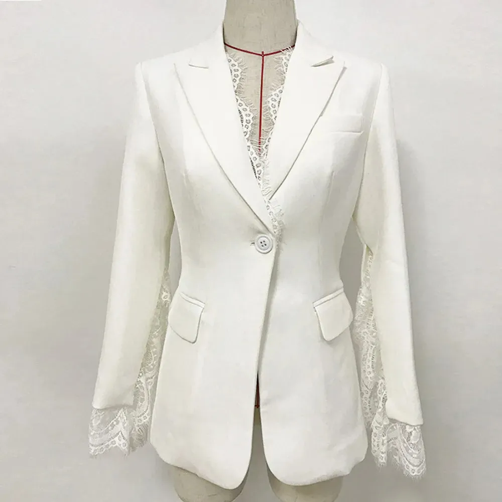 Lace Panel Solid Blazer For Women Notched Collar Long Sleeve Cut Out Slim Blazers Female Fashion Clothing