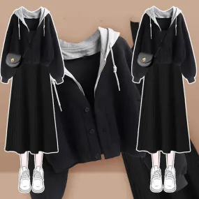 LANFUBEISI Women's Clothes Spring Autumn Single/Outfits 2024 Korean Fashion Casual Hooded Coat Knit Dress Suits Casual Jacket Two Piece Set