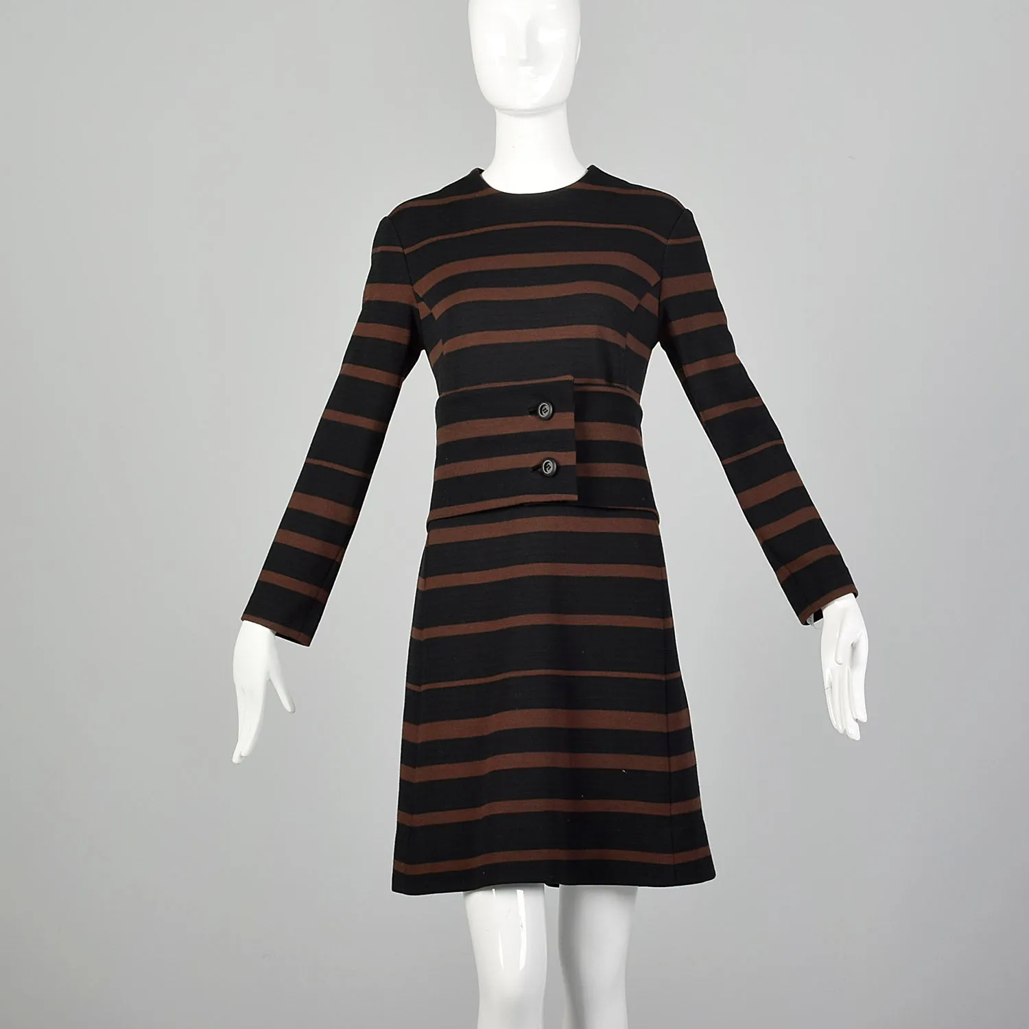 Large 1960s Wool Knit Two Piece Set Dress Jacket Cumberbund Ensemble Brown Black Horizontal Stripe