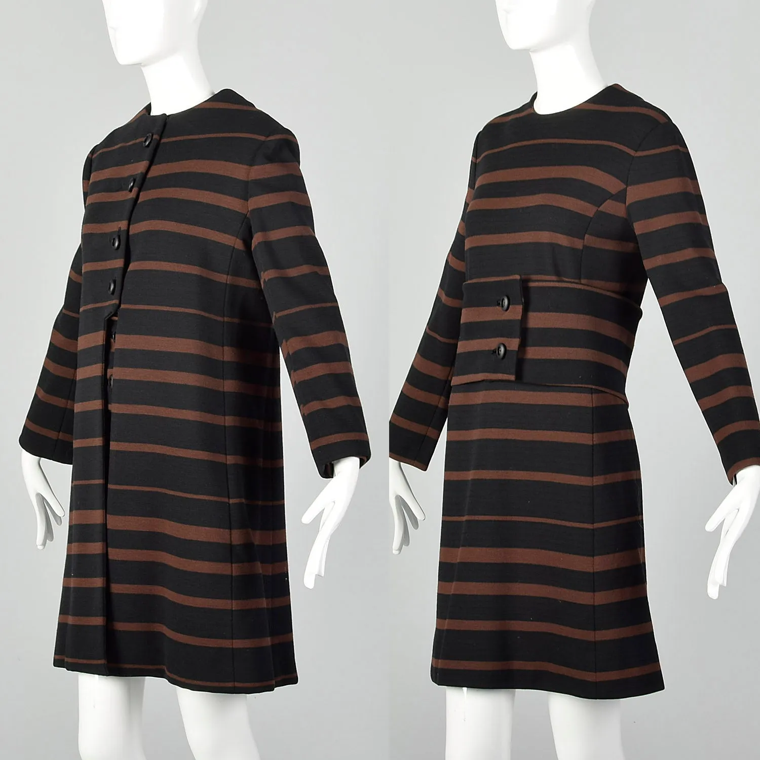 Large 1960s Wool Knit Two Piece Set Dress Jacket Cumberbund Ensemble Brown Black Horizontal Stripe