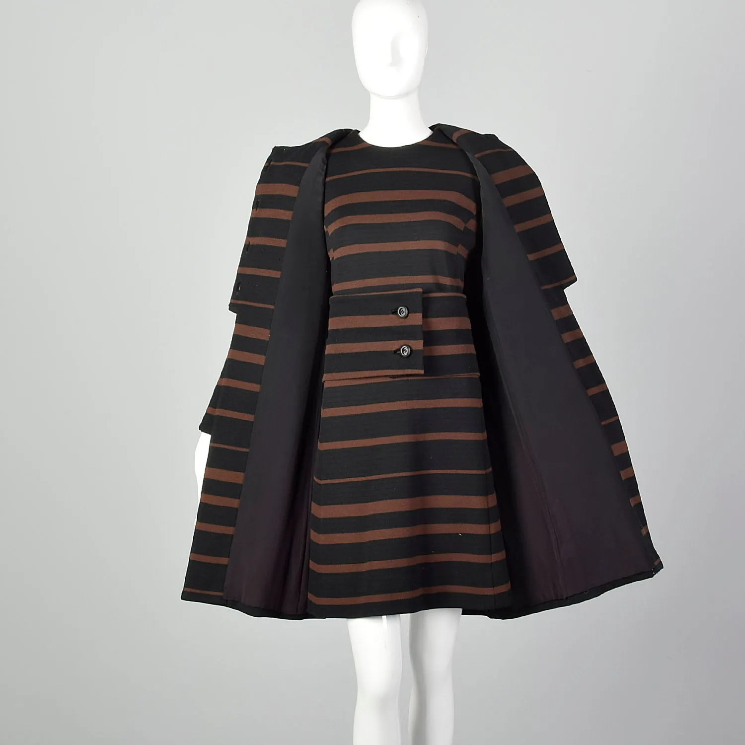 Large 1960s Wool Knit Two Piece Set Dress Jacket Cumberbund Ensemble Brown Black Horizontal Stripe